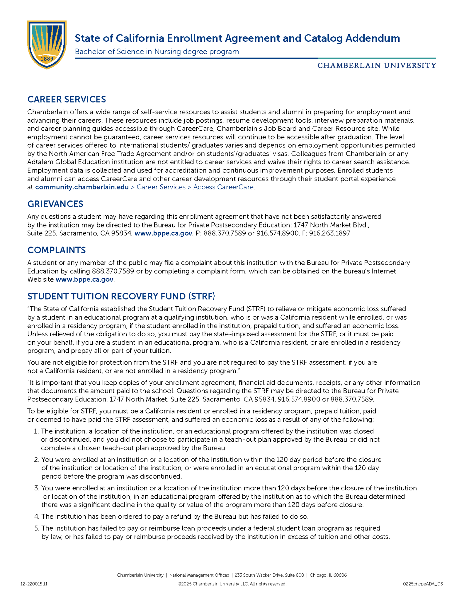 Picture of California Enrollment Agreement and Catalog Addendum - Bachelor of Science in Nursing Degree Program